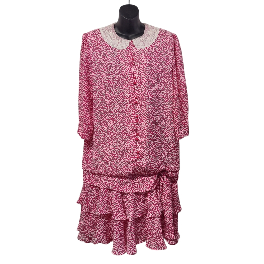Vintage In The Mood Pink White Drop Waist Ruched Skirt Dress Size L